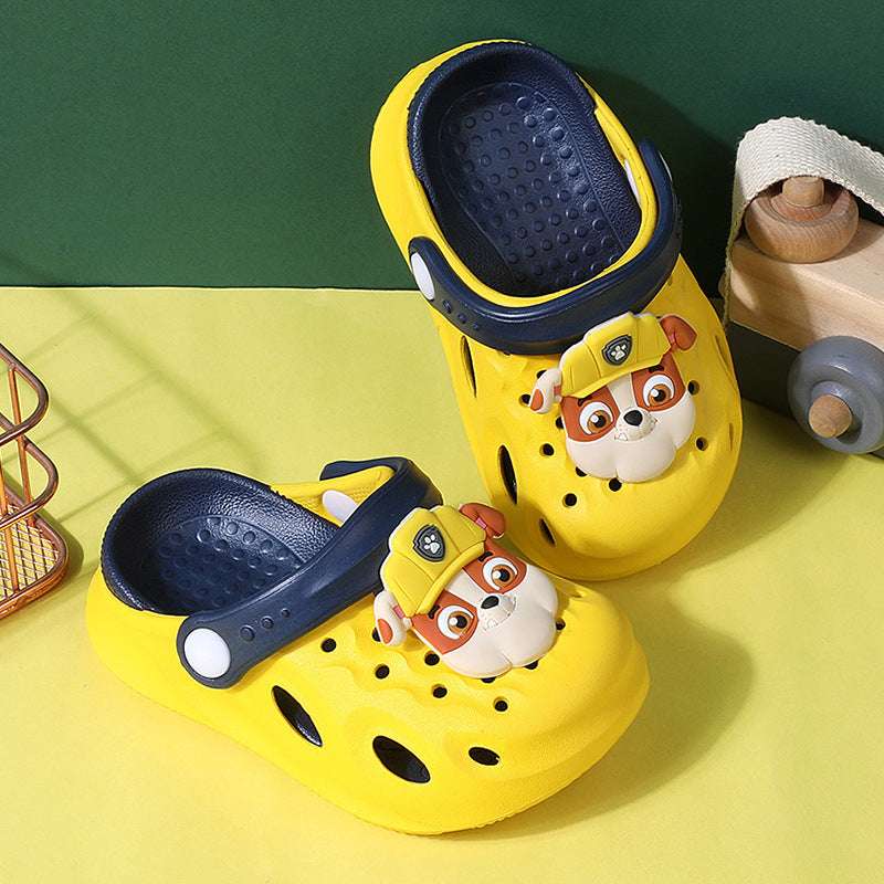 Paw Patrol kids yellow EVA clog slippers with navy heel and pup face, textured footbed