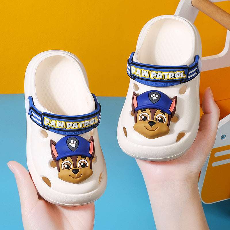 White Paw Patrol kids clog slippers with blue logo band and puppy face