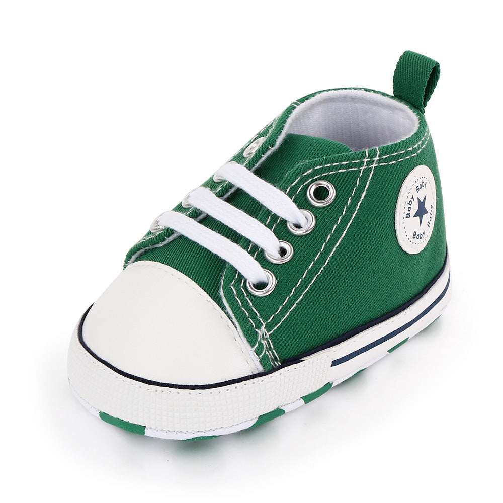 Toddler canvas sneakers, green canvas with white toe and green laces, soft sole star patch