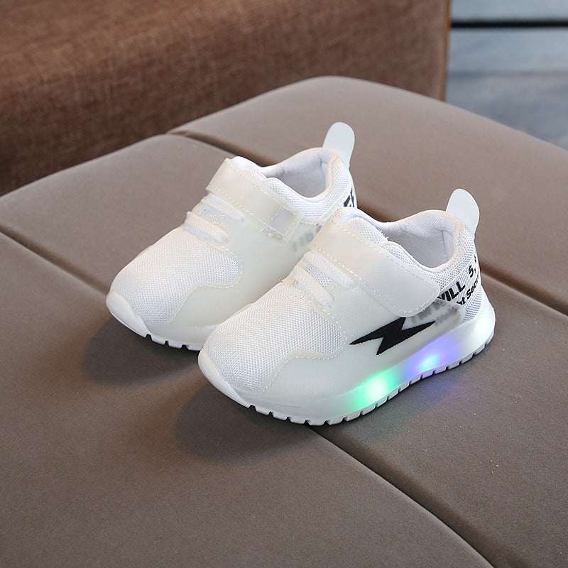 White kids mesh sports shoes with hook-and-loop straps, lightning logo, LED light sole