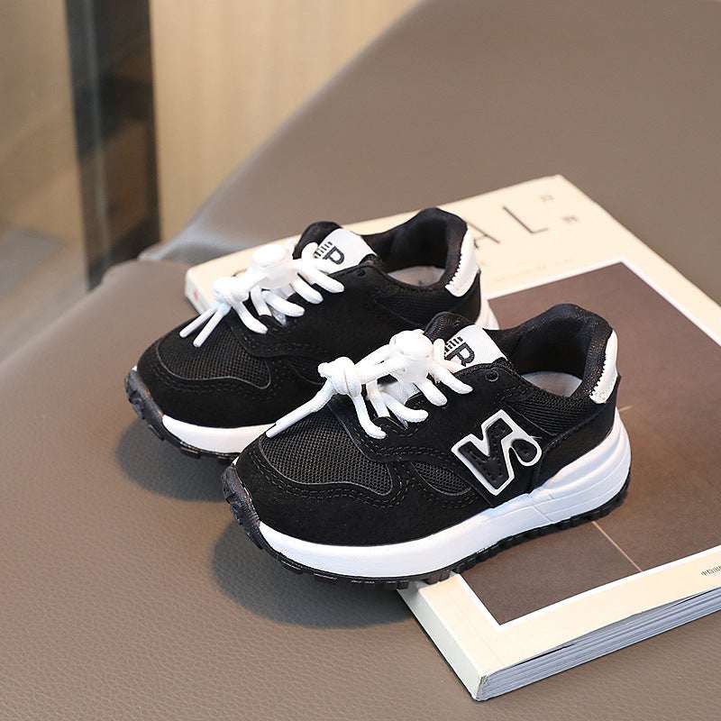 Kids black mesh running shoes with lace-up, white logo, padded collar, rubber sole
