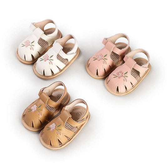 Infant baby walking shoes set in white, pink, and tan with floral cutout straps