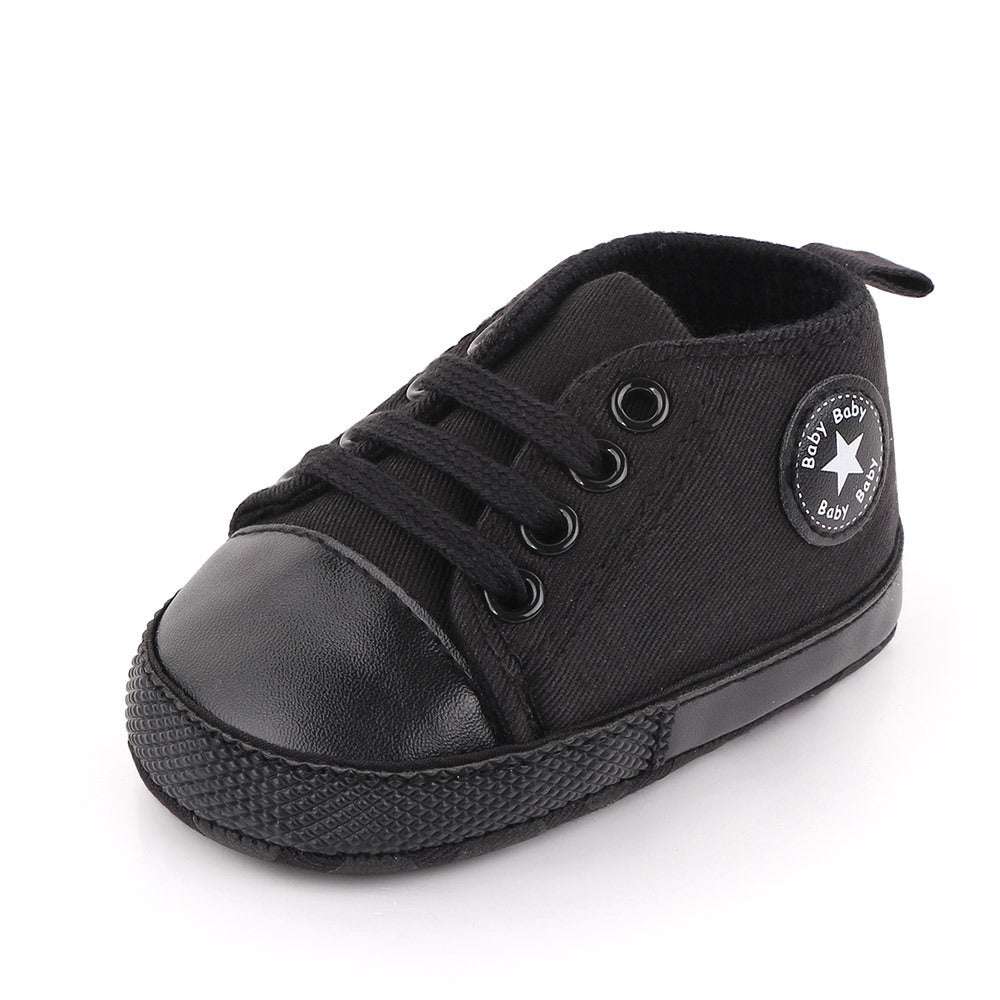 Black canvas baby sneakers with star patch, lace-up soft sole