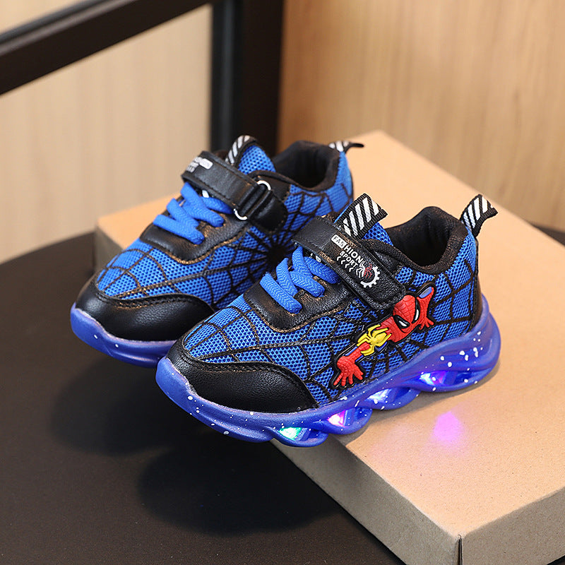 2026 New Boys Spider-Man Sports Light-Up Shoes Factory Direct Sales Fashion Mesh Middle Big Kids Cartoon Light-up Shoes Trend