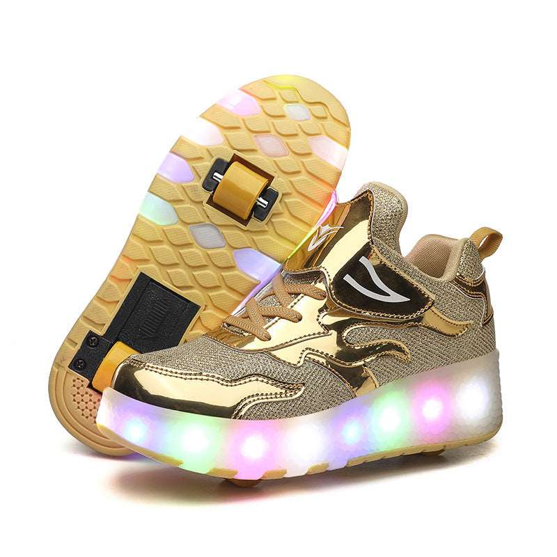 Gold LED roller sneakers with hook-and-loop straps and multicolor light-up wheels