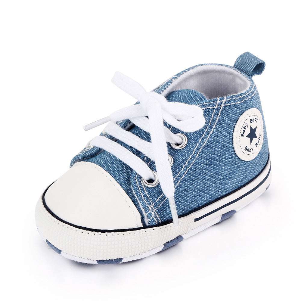 Toddler canvas sneakers, light blue denim look with white laces, lace-up soft sole star patch