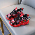 Red kids light-up sneakers with Spider-style design, glowing LED sole, Velcro closure