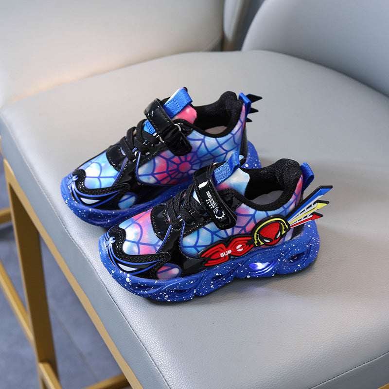 Kids light-up sneakers in blue with Spider-style graphic, glowing LED soles, Velcro closure