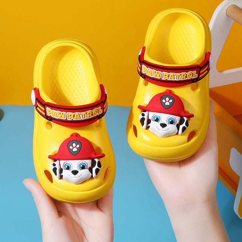 Kids' croc-style Paw Patrol slippers, yellow clogs with Paw Patrol strap and dog face.