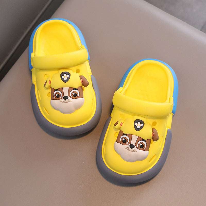 Kids yellow slip-on croc-style sandals with cartoon dog face patches