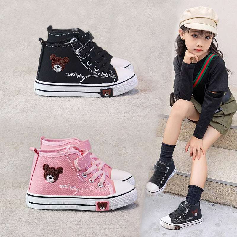 Children's high-top canvas sneakers in black and pink, bear patch accents and white rubber soles