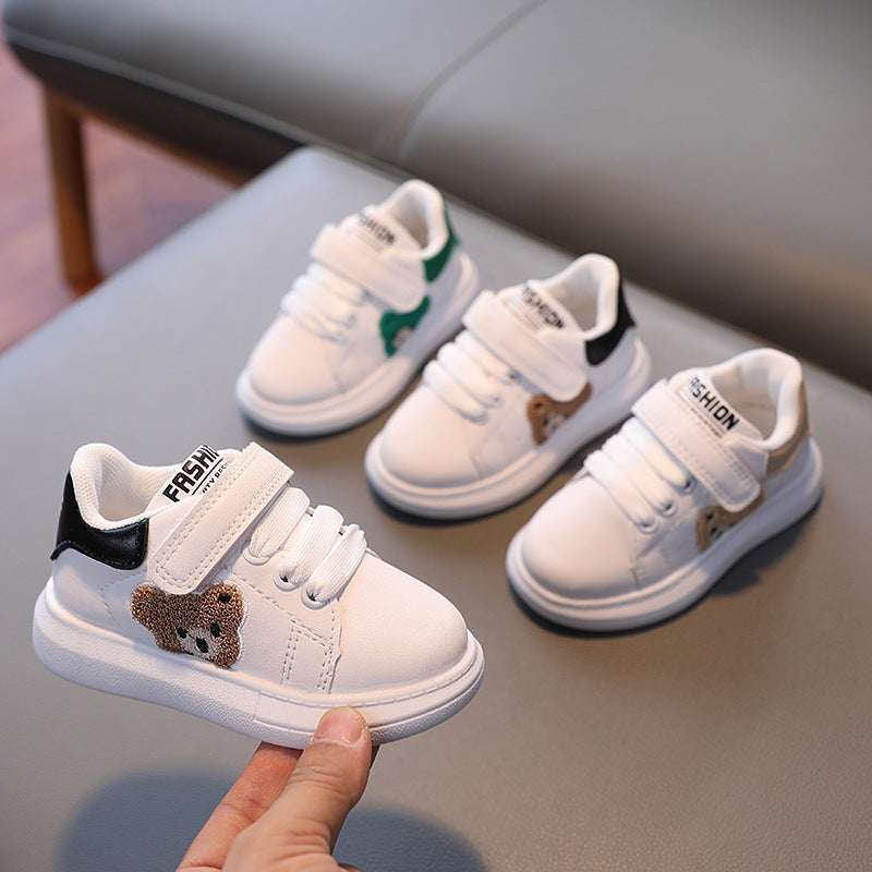 Kids white velcro sneakers with panda patch and black trim, hook-and-loop strap