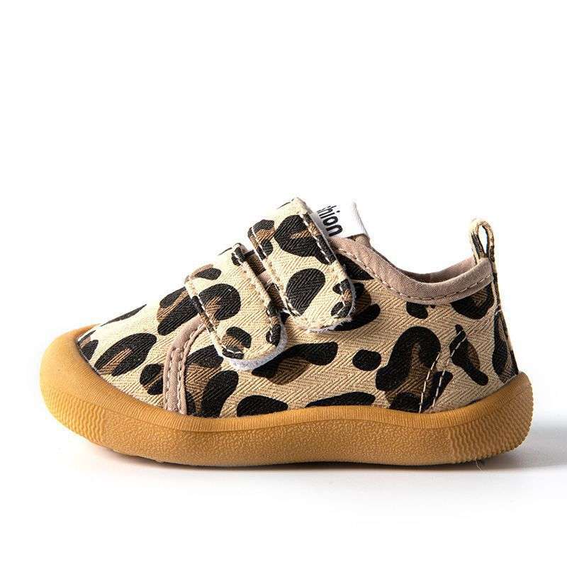 Leopard print baby toddler cloth shoes with hook-and-loop strap and tan non-slip sole