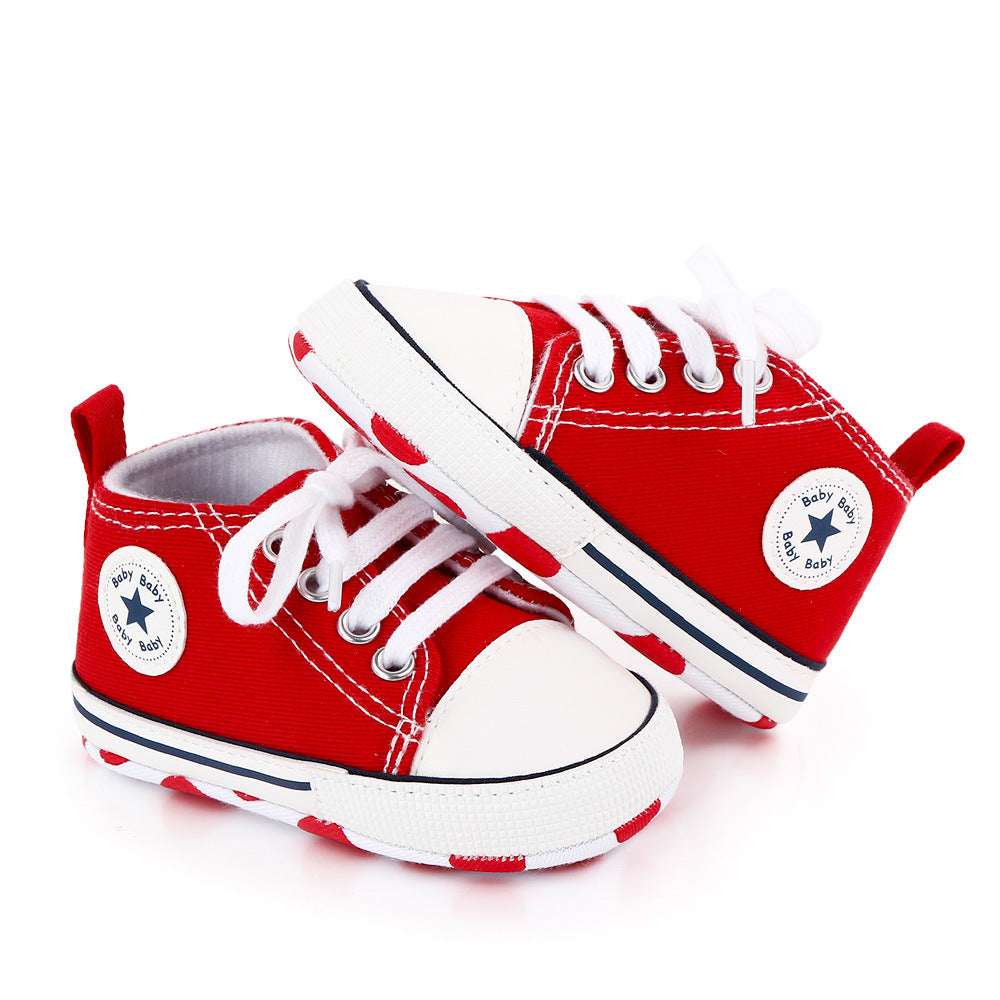 Toddler canvas sneakers, red with white toe and laces, lace-up soft sole star patch