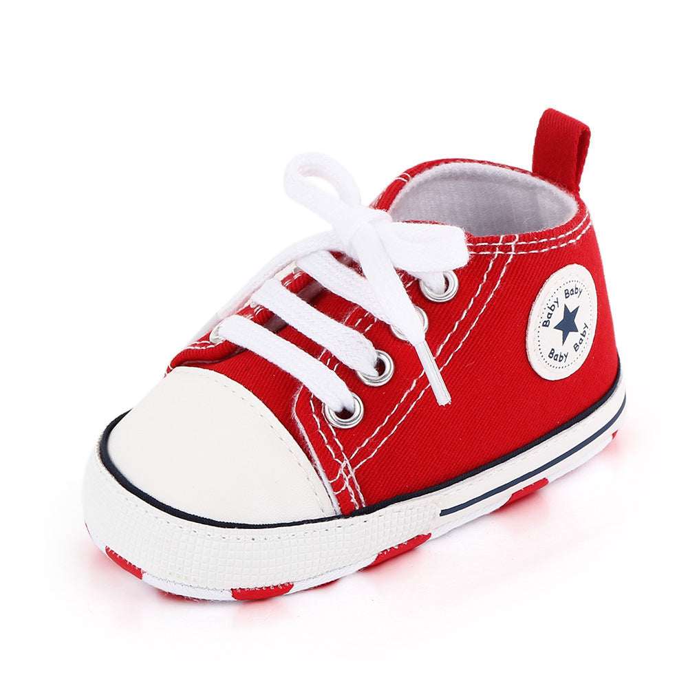 Toddler canvas sneakers, red canvas with white laces and toe, lace-up soft sole star patch
