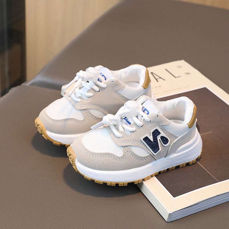 Kids white mesh running shoes with lace-up, blue logo, yellow-brown edge sole