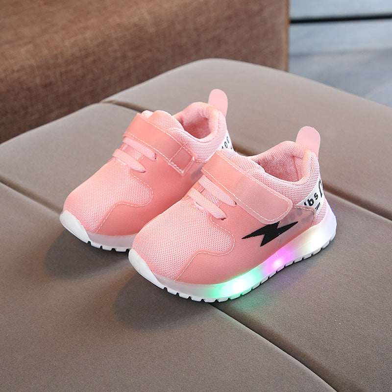 Light pink kids mesh sports shoes with hook-and-loop straps, lightning logo, LED light sole