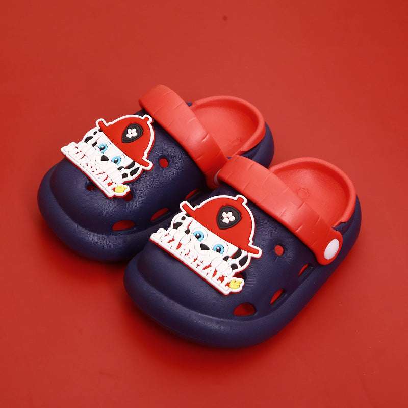 Kids Paw Patrol croc-style slippers, navy with red straps and paw print embroidery patches