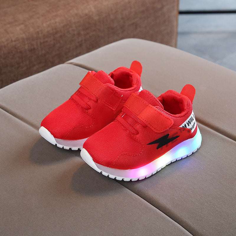 Red kids mesh sports shoes with hook-and-loop straps, lightning logo, LED light sole