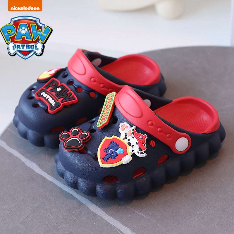 Navy Paw Patrol kids clog slippers with red accents and character patches