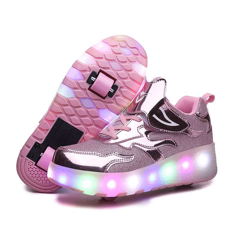 Gold and pink kids LED roller shoes with metallic accents and glowing LED light strip