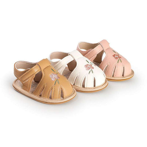 Infant baby walking sandals in apricot, white, and pink with flower embroidery