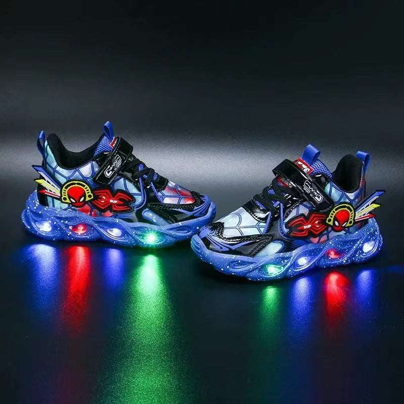 Kids light-up sneakers, blue Spider-style design with colorful LED lights and Velcro straps