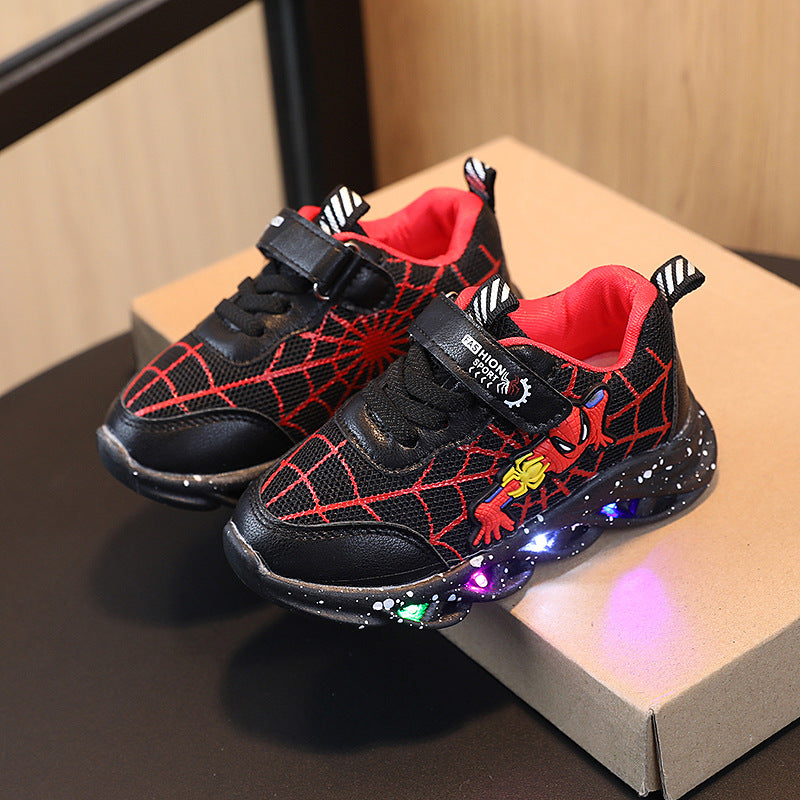 2026 New Boys Spider-Man Sports Light-Up Shoes Factory Direct Sales Fashion Mesh Middle Big Kids Cartoon Light-up Shoes Trend