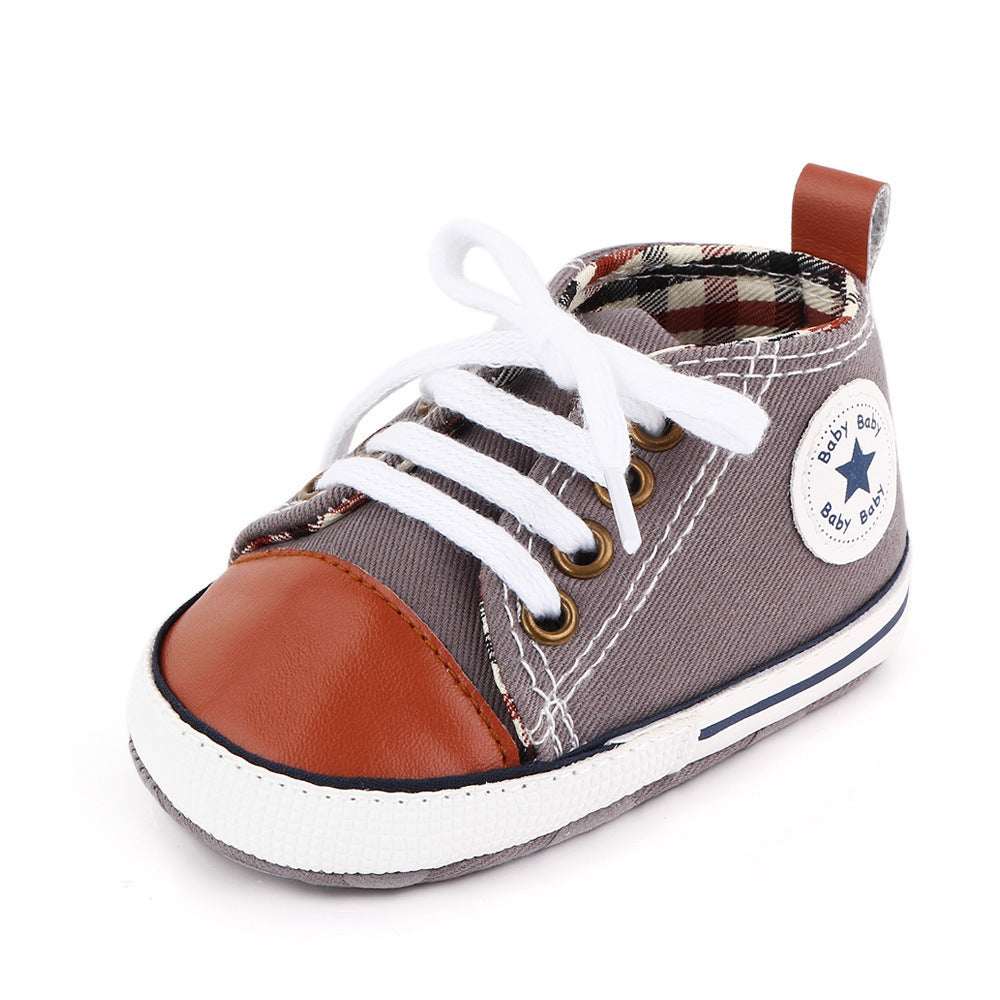 Toddler canvas sneakers, brown check style with tan toe, lace-up soft sole star patch