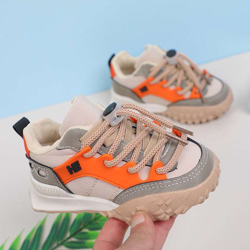 Kids chunky sneakers, beige with orange panels and gray lace-up detail