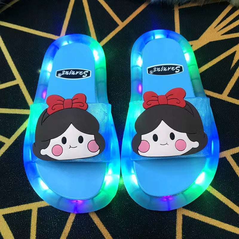 Light-up kids character slide sandals, blue with girl face and bow, multicolor LED edges