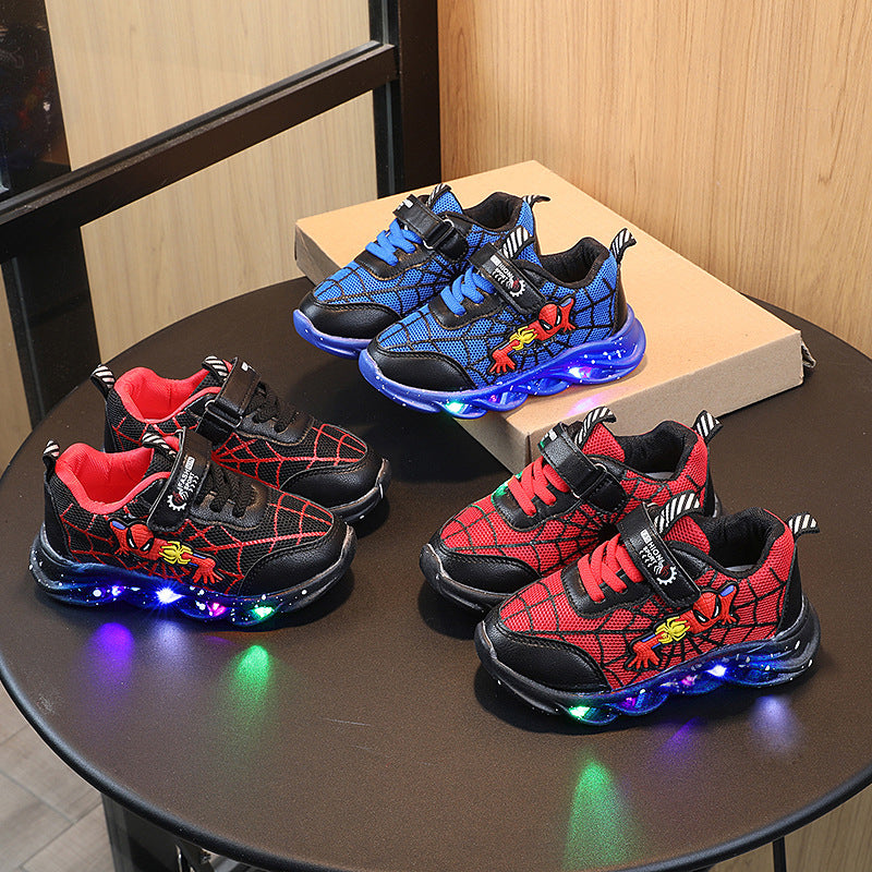 2026 New Boys Spider-Man Sports Light-Up Shoes Factory Direct Sales Fashion Mesh Middle Big Kids Cartoon Light-up Shoes Trend