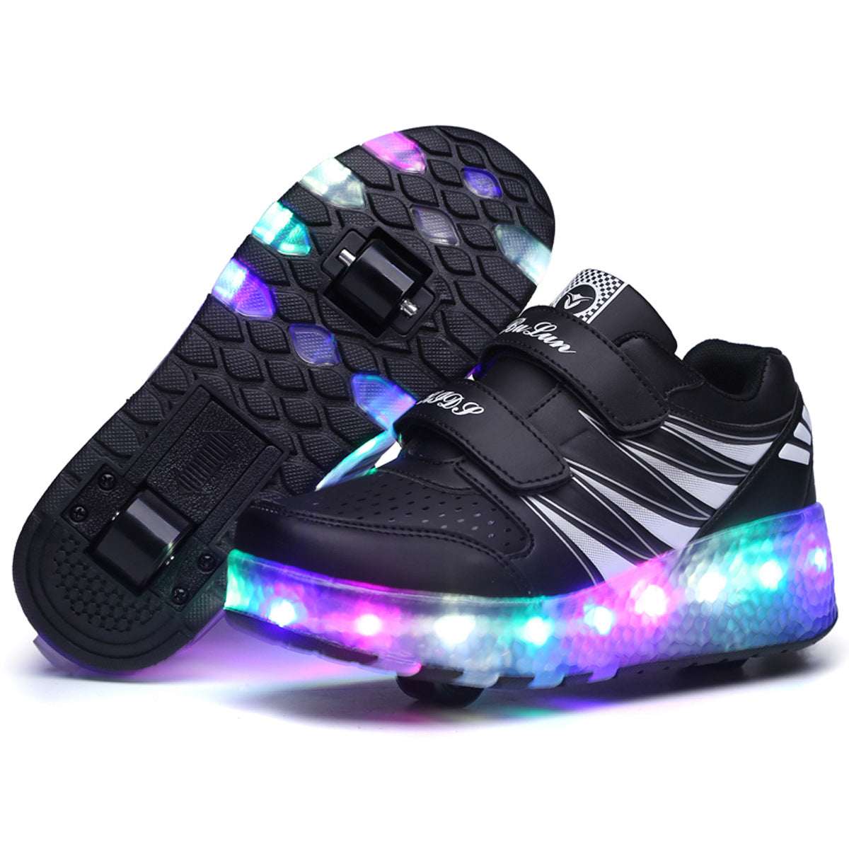 Black kids LED roller shoes with white swoosh, dual straps, and glowing LED wheel strip