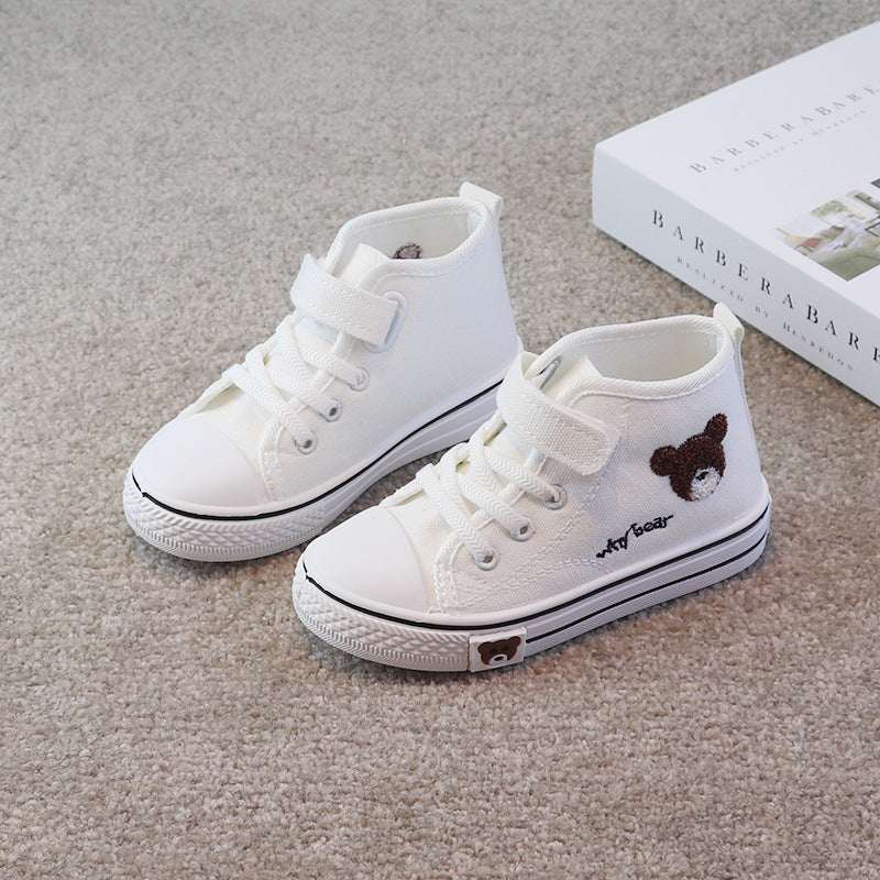 Children's high-top canvas sneakers, white with bear patch, lace-up design and striped rubber sole