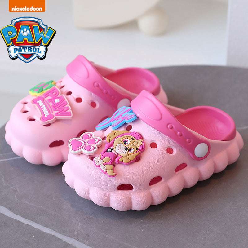 Kids' croc-style Paw Patrol slippers, pink clogs with Paw Patrol strap and character graphics.