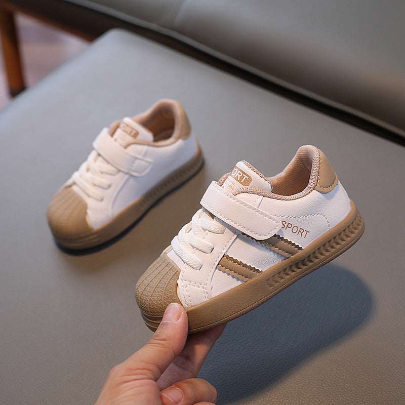 Kids low-top sneakers, white and khaki with brown sole and hook-and-loop strap