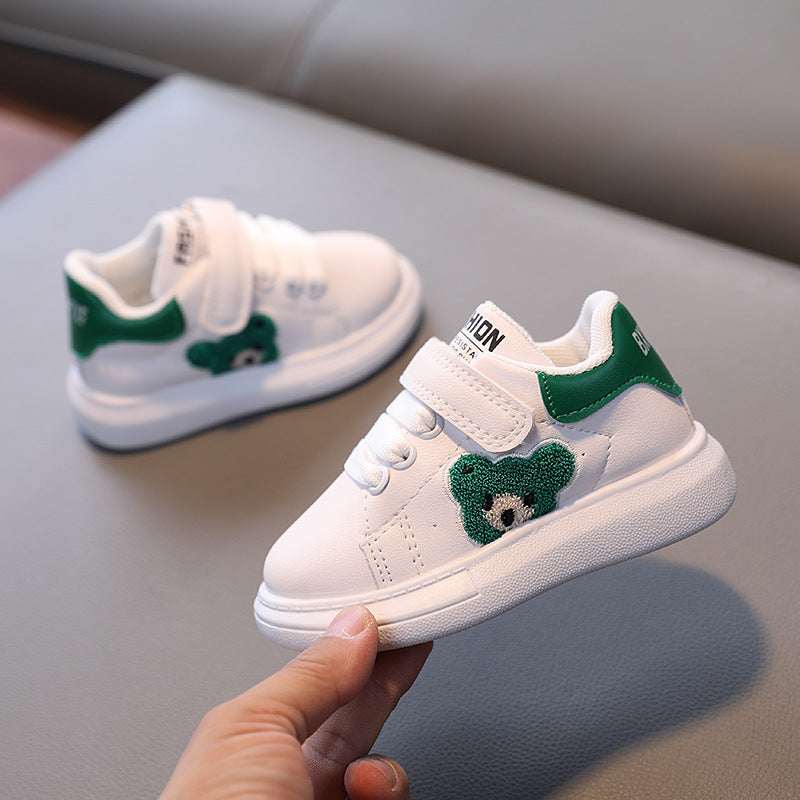 Kids white velcro sneakers with green side panel and panda face patch, hook strap