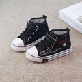 Children's high-top canvas sneakers, black pair with bear patch, lace-up and white rubber toe cap