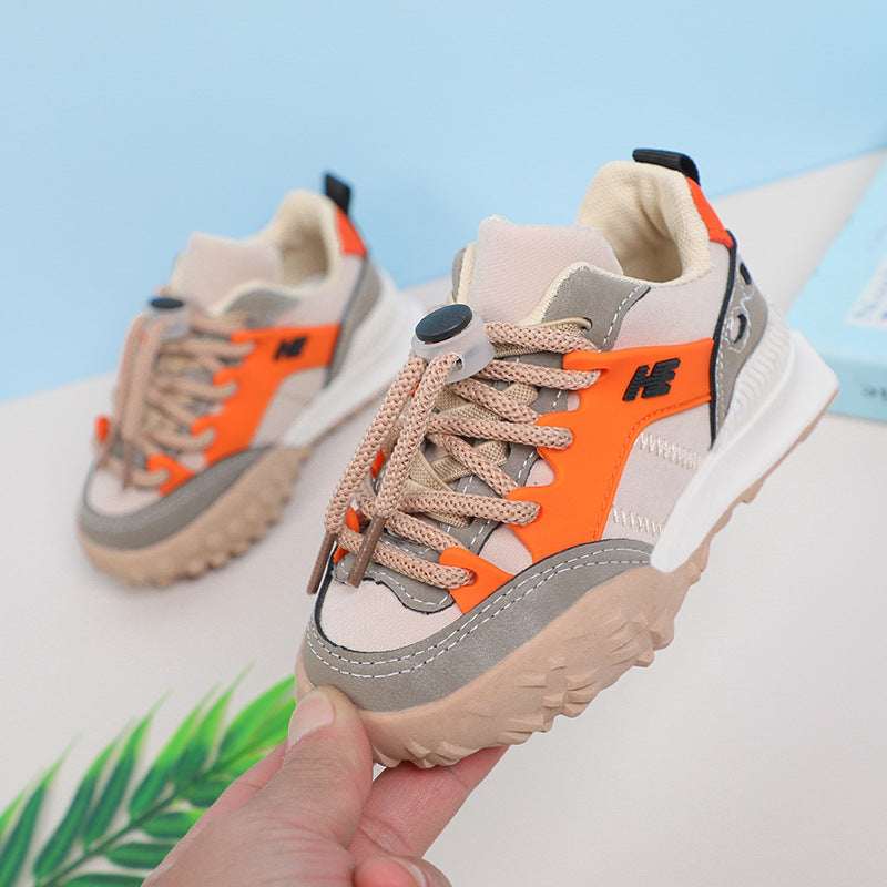 Kids chunky sneakers, beige and orange with thick sole and lace-up front