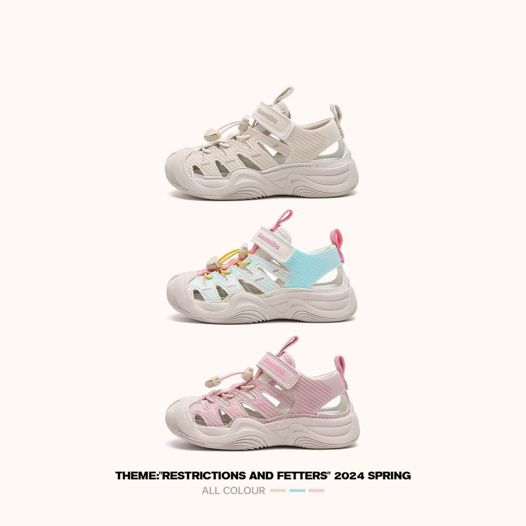 Kids closed-toe sport sandals, white styles with blue, pink, and light gray colorways