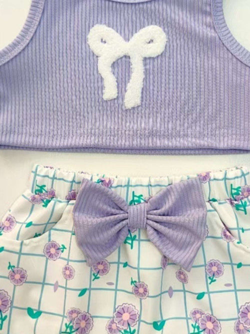 Lavender tank top and floral skirt set with white bow applique and waist bow