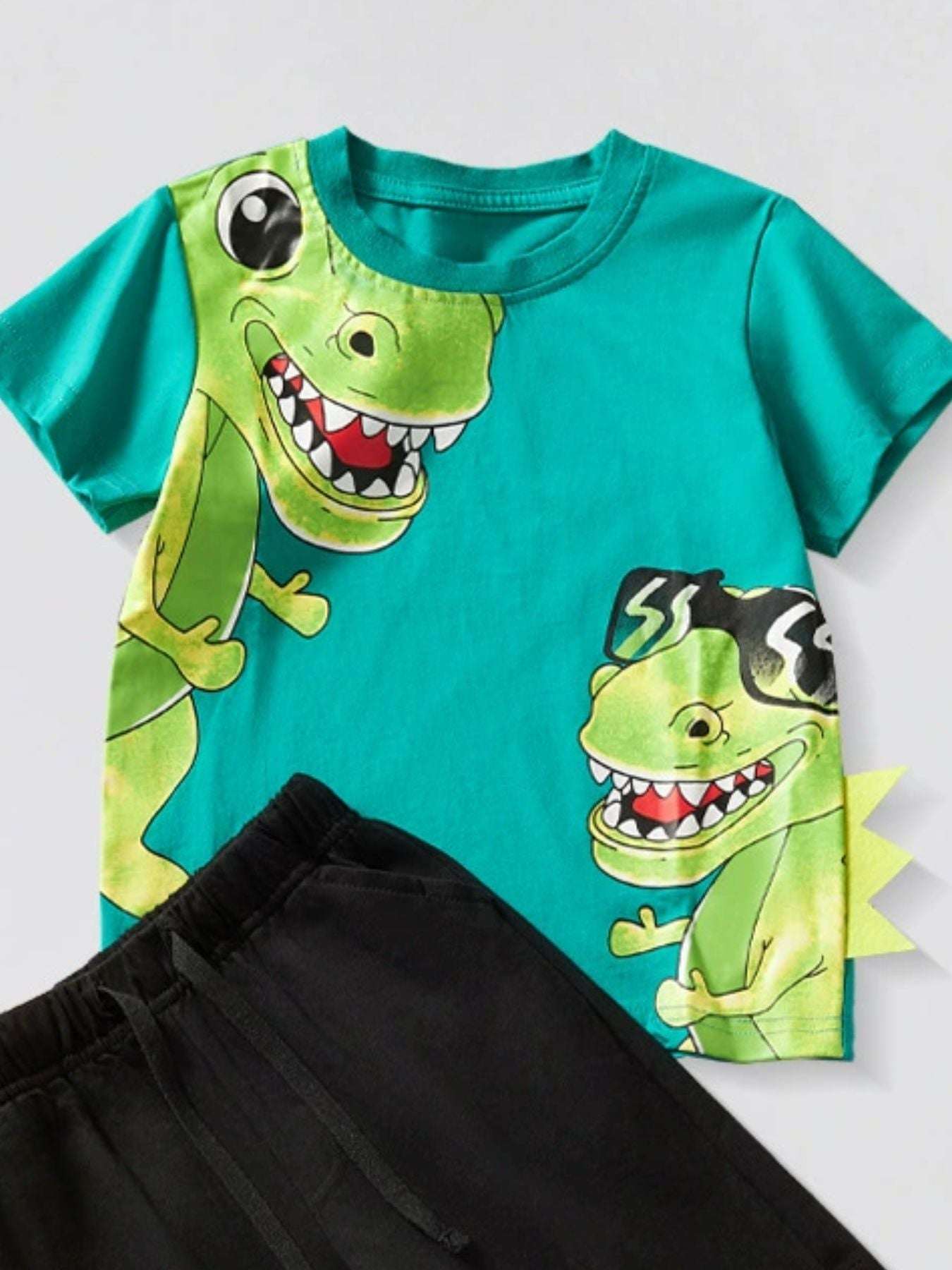 Turquoise dinosaur graphic short-sleeve tee with black shorts; kids two-piece set
