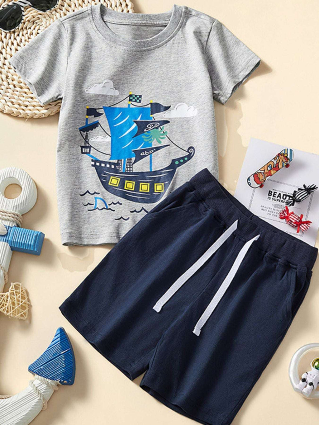 Children's gray graphic short-sleeve tee and navy shorts set with ship print