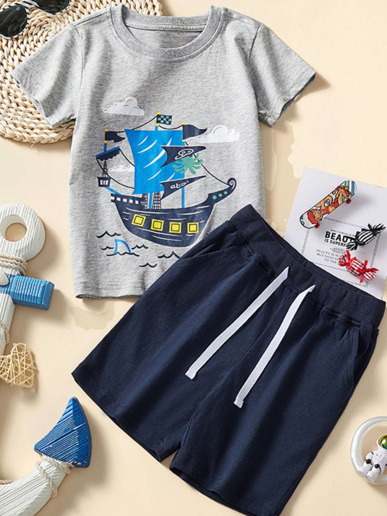 Children's gray graphic short-sleeve tee and navy shorts set with ship print