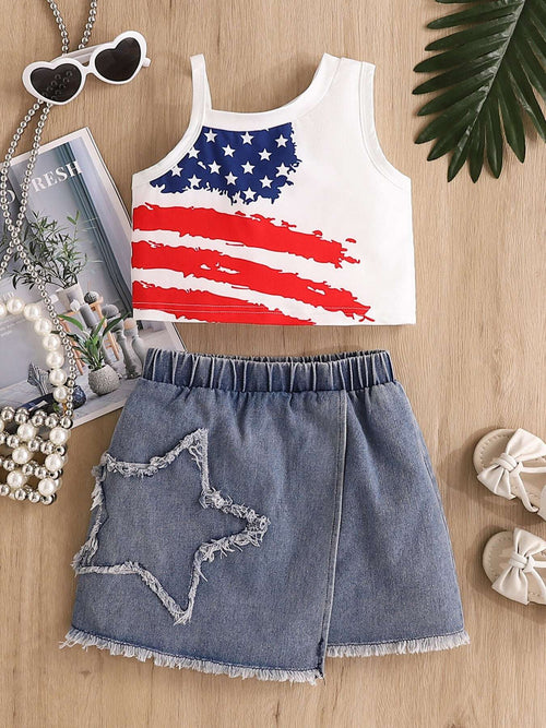 Kids tank top and denim skirt set: white with American flag print and blue star skirt