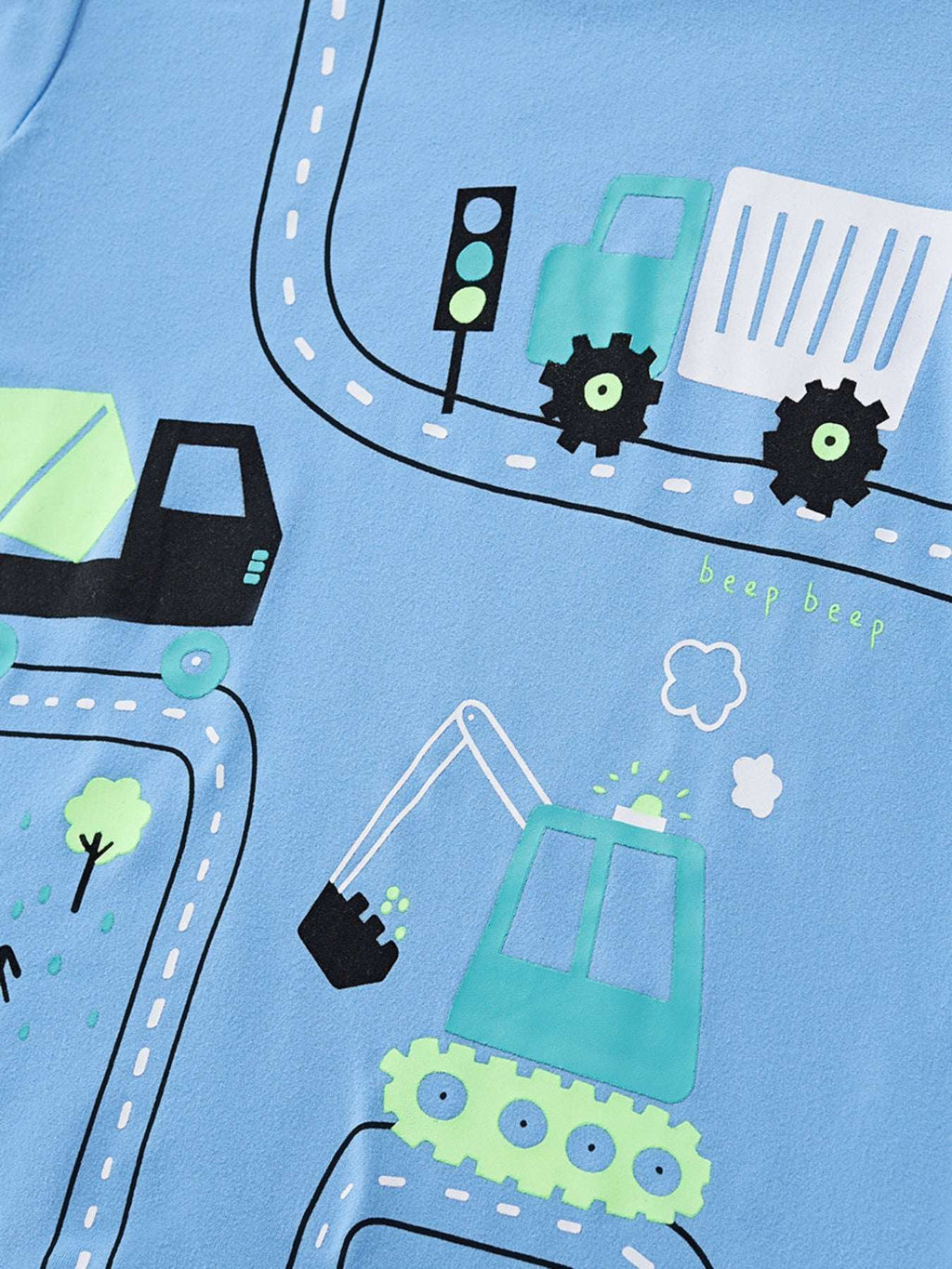Sky blue kids T-shirt chest with construction track and vehicle graphic