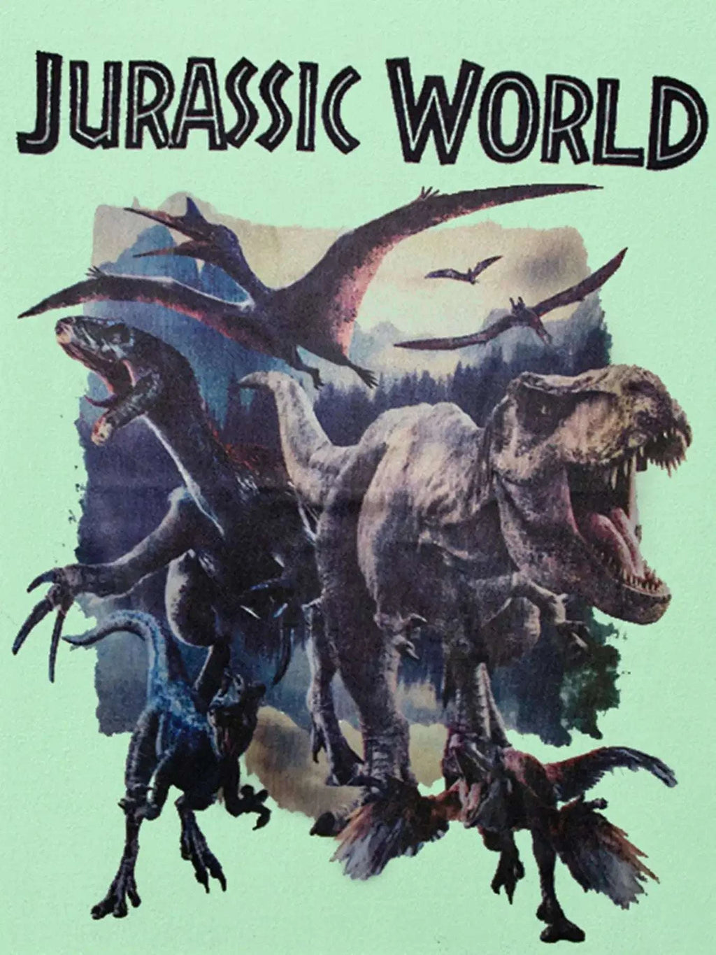 Neon green kids graphic T-shirt with dinosaur illustration and Jurassic World text