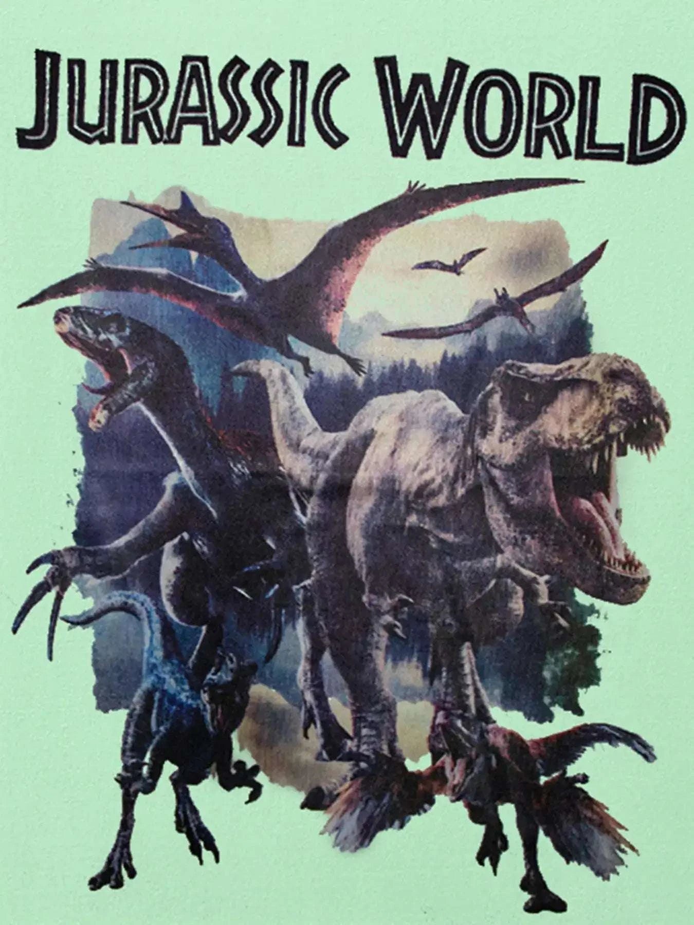 Neon green kids graphic T-shirt with dinosaur illustration and Jurassic World text
