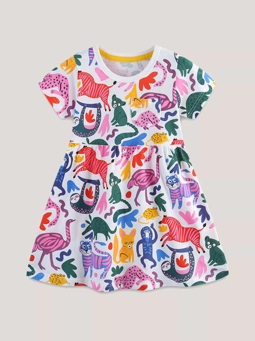 Kids animal print short-sleeve dress on white, gathered skirt, multicolor