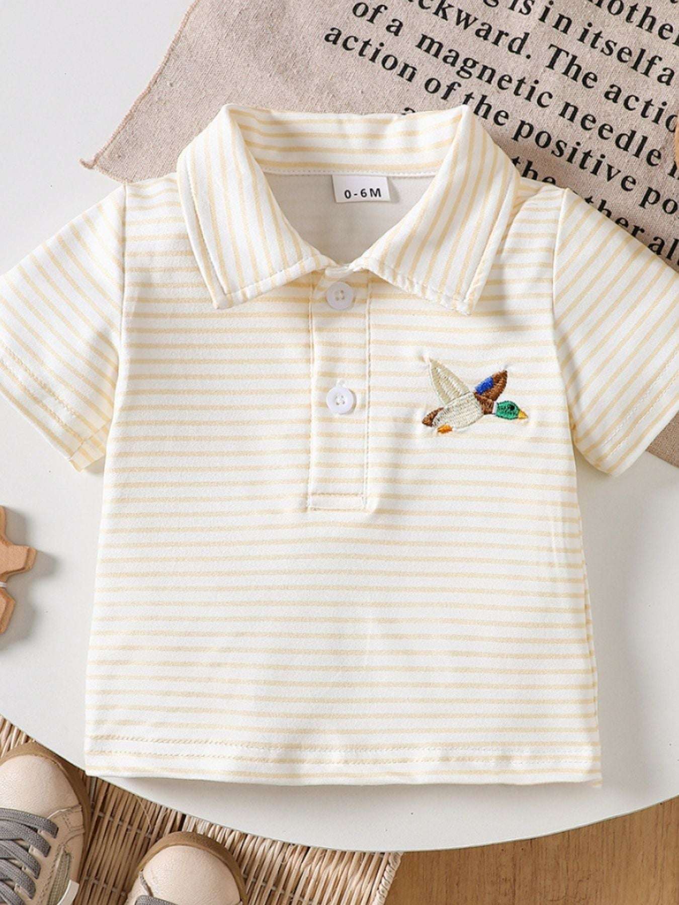 Light yellow striped children’s duck polo shirt with embroidered duck on the chest
